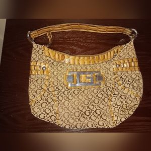 Guess Logo Purse Brown Cream Alligator Strap Multiple Pockets Nwot